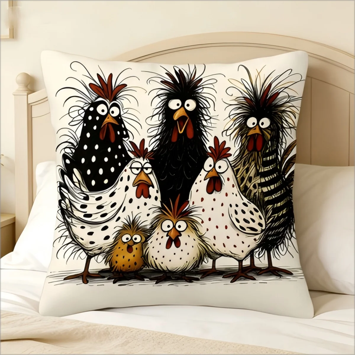 Lustiger Cartoon-Hühner-Kissenbezug, Niedlicher Verspielter Hahn-Familien-Druck, Bauernhof-Tier-Kissenhülle für Sofa, Bett, Couch, Heimdekoration