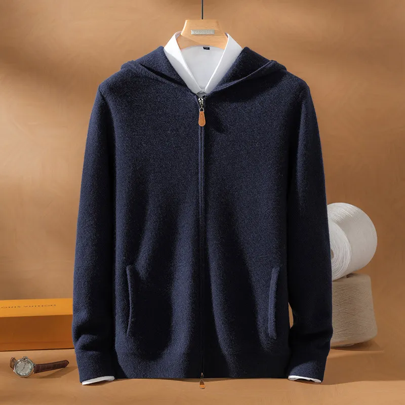 100% pure cashmere sweater men's hooded sweater knitted cardigan padded warm coat