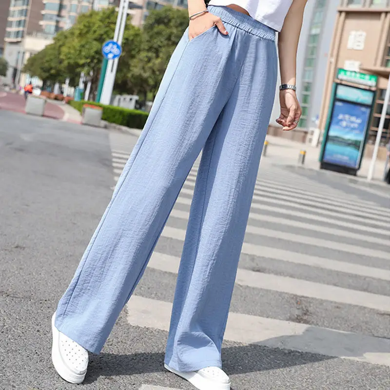 Women's Pants Solid Color Simple Baggy Pants Casual Straight-leg Mopping Trousers New High Waist Cotton Linen Wide Leg Pants