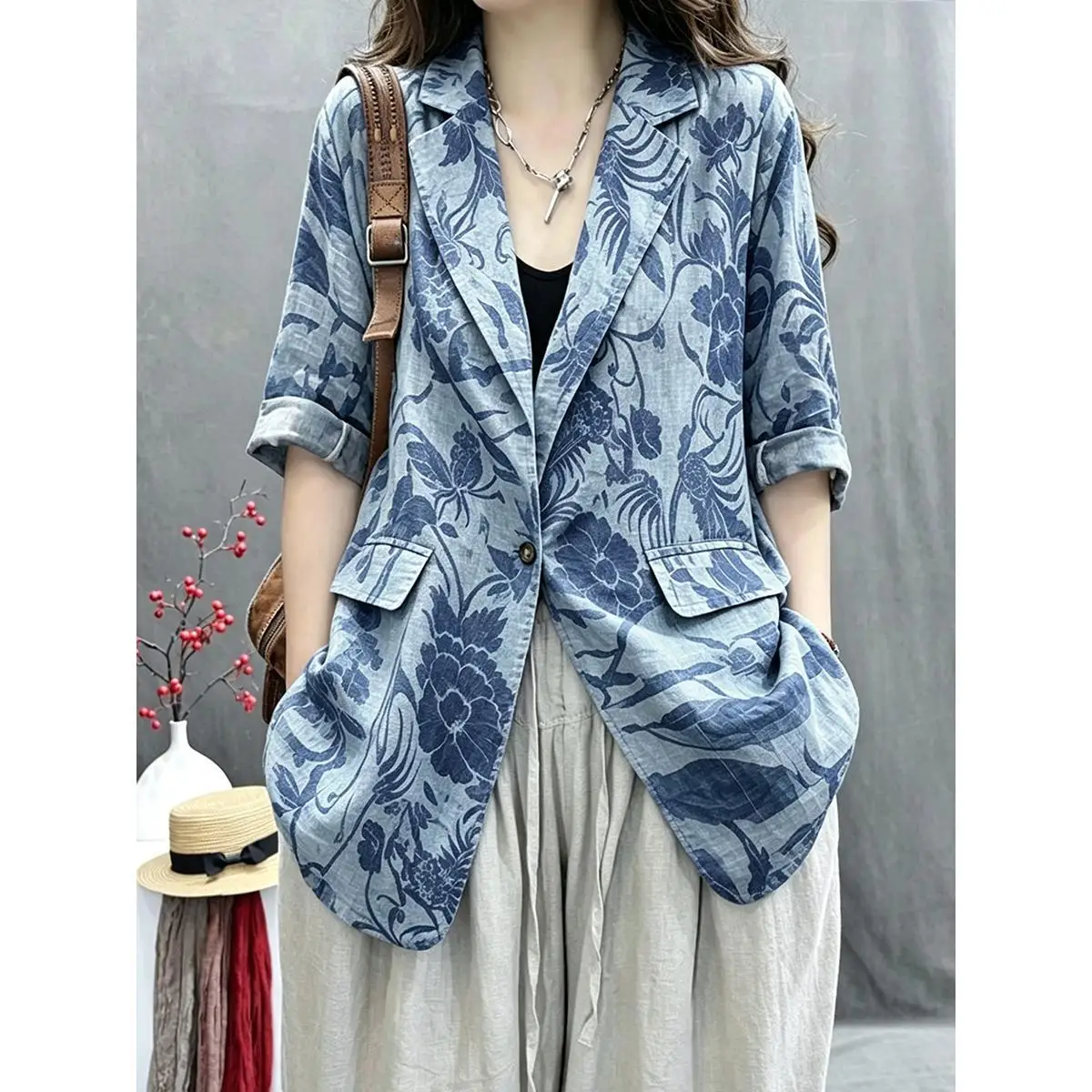 

2026 New Cardigan Flax Blazer Jacket Ladies Chinese Suit Coat Women Spring Summer Three-quarter Sleeves Outerwear Loose Overcoat