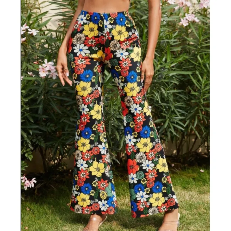 Pantalon évasé taille haute pour femme, imprimé floral rétro, mince, décontracté, fête, rue, printemps, fjk, Y2K