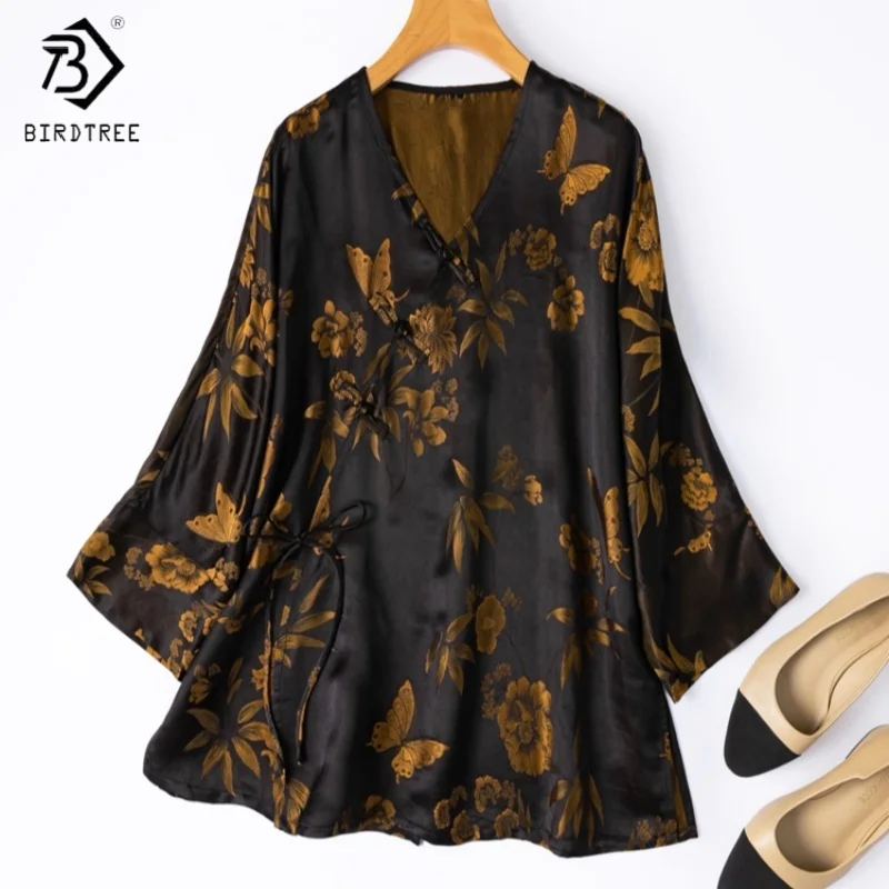 

Birdtree,35% Mulberry Silk Blouse,Women Slanted Collar Shirt,V-neck Print Loose Tops,Full Sleeve,2025 Spring Fall New T5D512JF