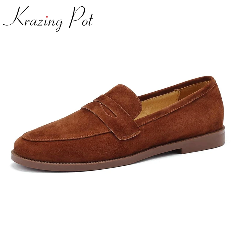 

Krazing Pot 2022 Autumn Big Size Sheep Suede Round Toe Low Heel Loafers Retro Fashion Leisure Deep Mouth Slip on Women Pumps L12