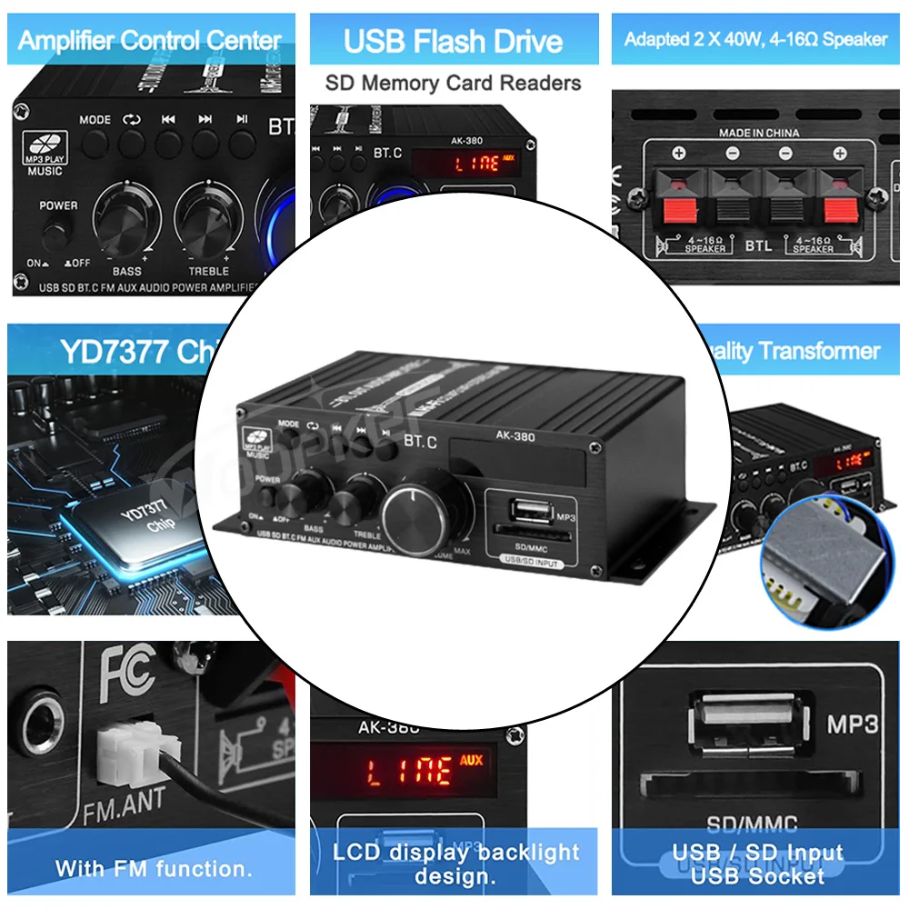 Wzmacniacz dźwięku Woopker Channel 2.0 HIFI Bluetooth Amp Home Digital Audio 12V3A AK380 AK370 AK280 AK270 AK170 do samochodu Bass Trebl