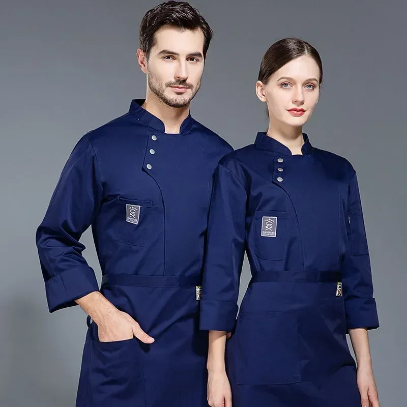 Uniforme de Chef de trabajo Unisex, ropa de restaurante de cocinero, Tops de camarera, Chaqueta corta de cocina, abrigo de manga larga, camarero