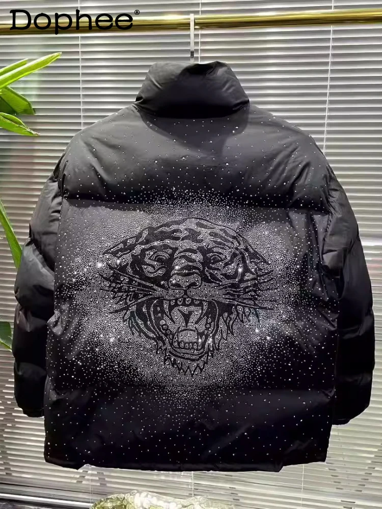 2025 inverno nova moda parkas masculinidade moda bonito versátil casacos soltos clássico strass cabeça de tigre bonito parkas