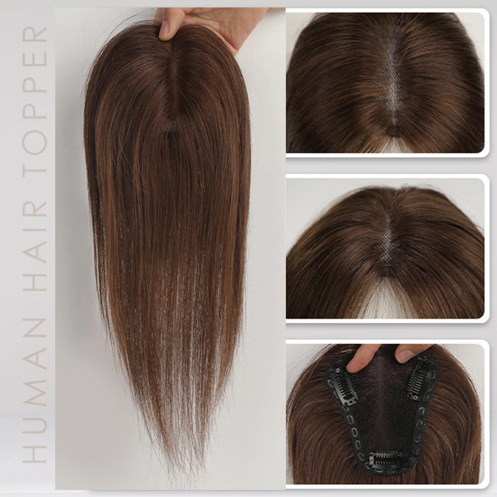 100% Human Hair Toppers Brown Hairpieces Middle Part Women Hair Topper With Lace Base Clip in Hair Extensions Natural