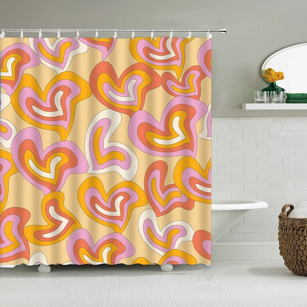 Vintage Rainbow Floral Shower Curtain 70s Colorful Stripe Fun Elegant Bohemian Abstract Style Bathroom Decoration Shower Curtain