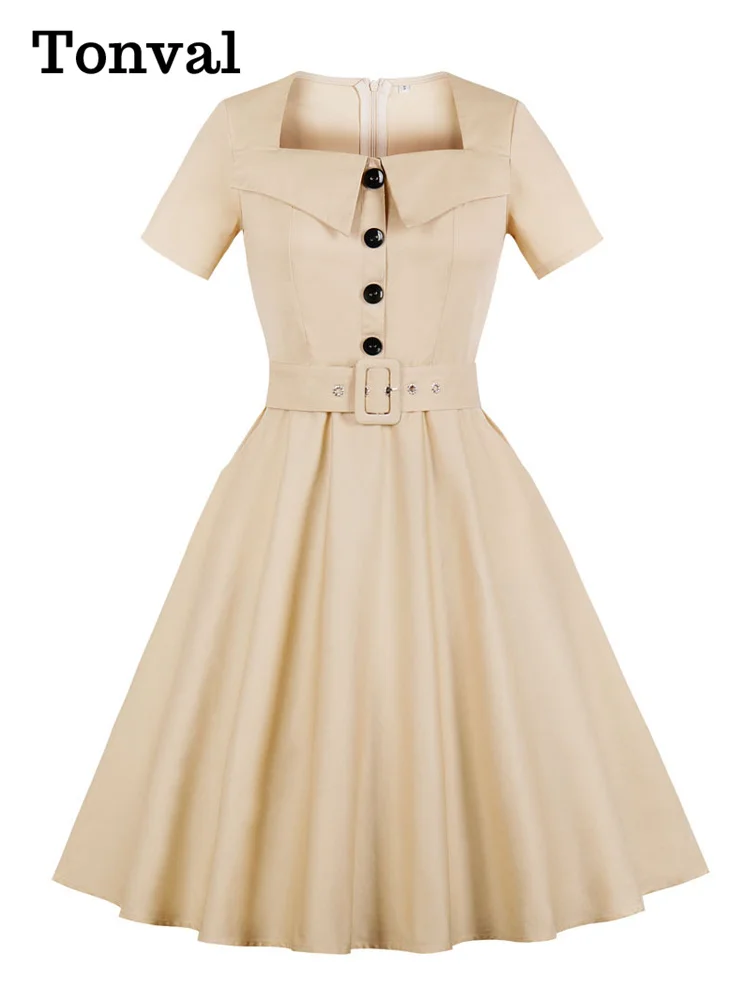 Tonval Pinup Women Square Collar Button Front Belted 50s Rockabilly Dress Short Sleeve Pocket Elegant Solid Vintage Dresses