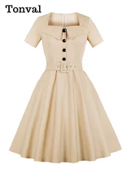 Tonval Pinup Women Square Collar Button Front Belted 50s Rockabilly Dress Short Sleeve Pocket Elegant Solid Vintage Dresses