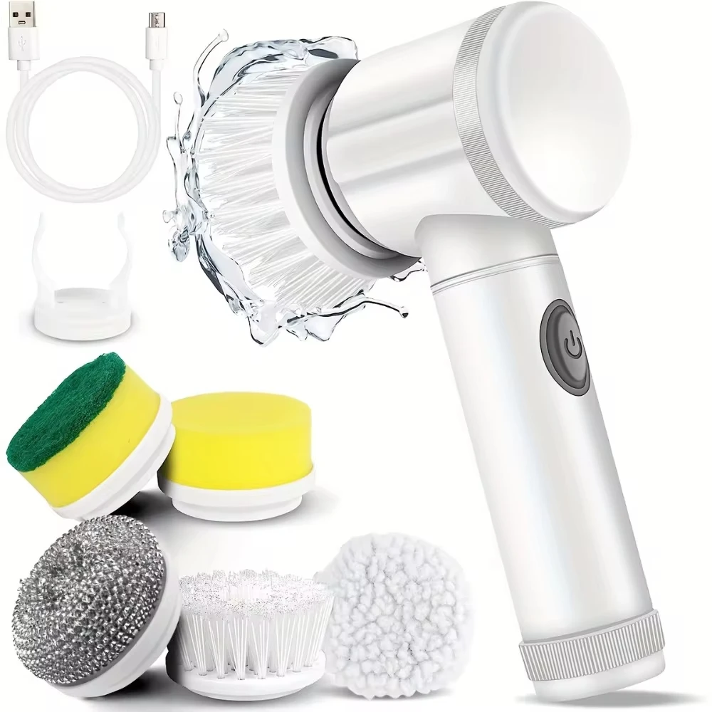 New Electric Cleaning Brush Power Spin Scrubber Bathroom Wash Brush Kitchen Cleaning Tool Adapter 5 Replaceable Brush Head Tool