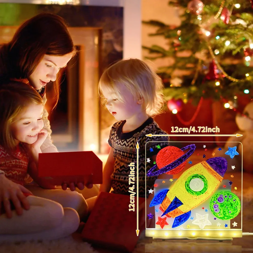 LED Luminous Drawing BOARD ของเล่น Night Light ข้อความหมายเหตุอะคริลิควาด 7 ปากกาสีสัน Erasable Writing สําหรับเด็ก