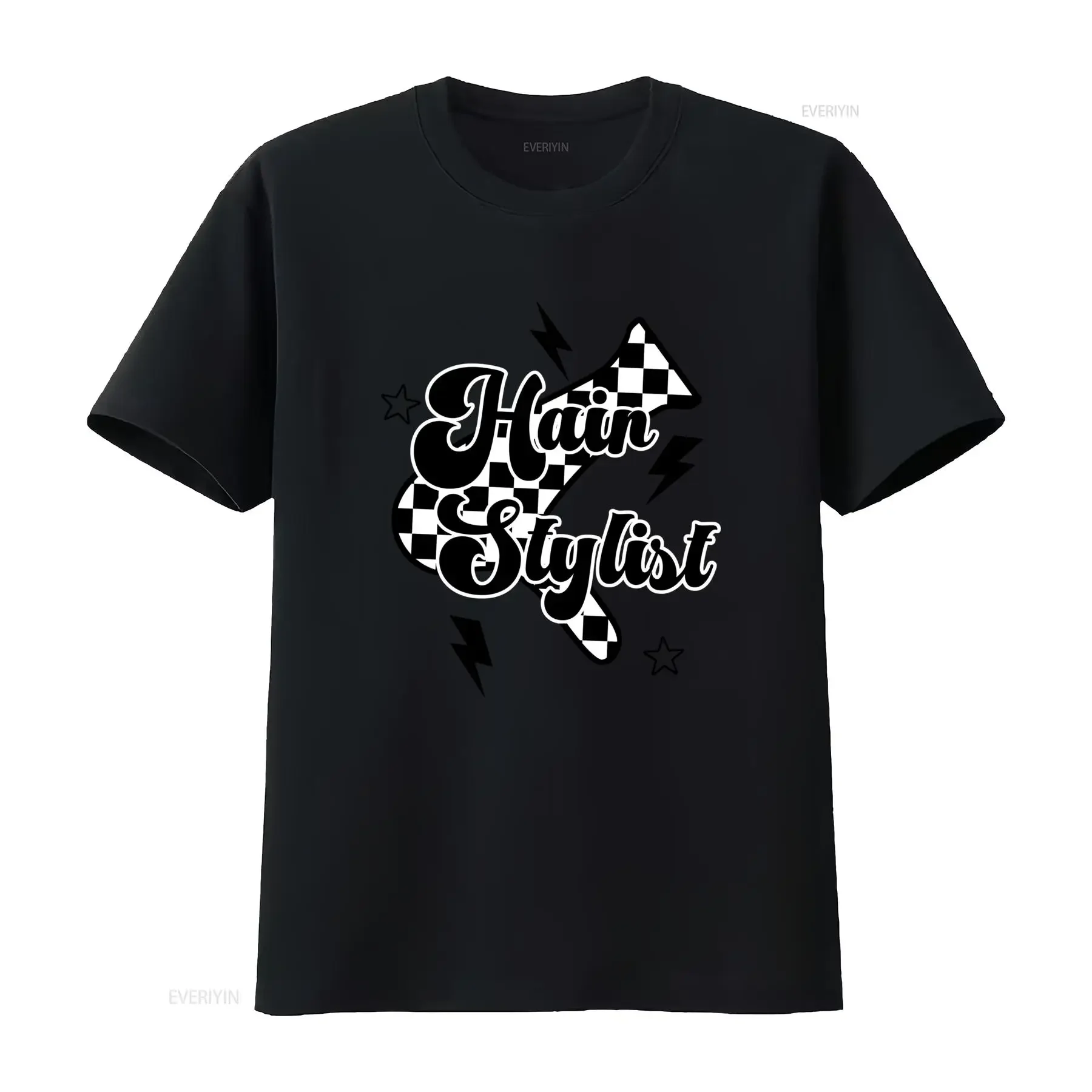 Streetwear Hair Stylist Checkered Lightning Bolt Black White Print Casual T Shirt vintage Washed homme Stylish Unisex