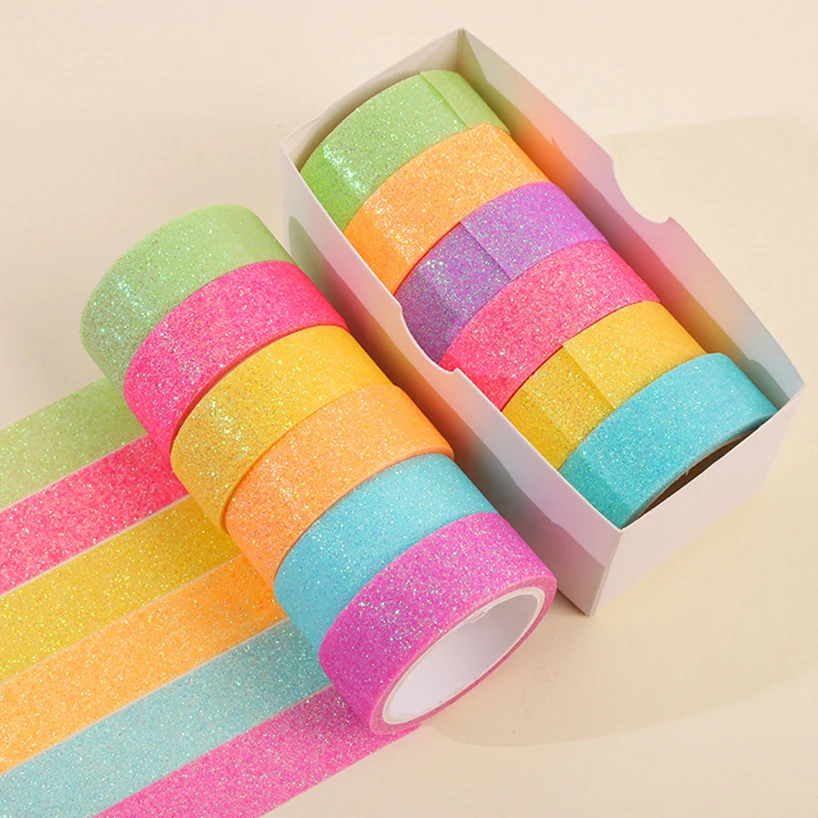 

6Rolls Glitter Washi Tapes Journaling Supplies Washitape Festival Macaron Color Decorative Adhesive Tape Scrapbooking Washi Tape