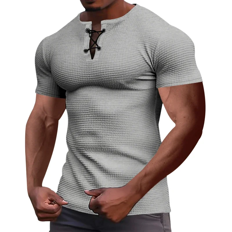 LIBIELIY Summer Men's Short Sleeve T-Shirts Fashion Slim Breathable Sports Tie-Up Henley Tshirt Male Jogging Casual Tops Street