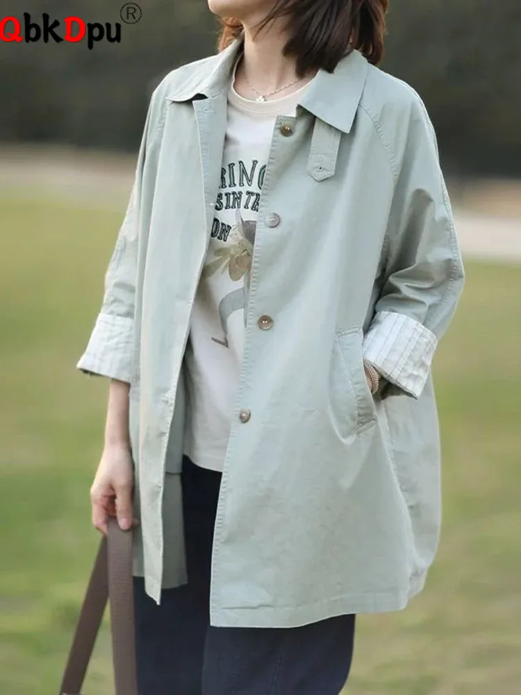 

Korean Fashion Loose Trench Coats Women Casual Lapel Neck Single Breasted Outerwears Spring Fall Elegant Mid Length Chaquetas