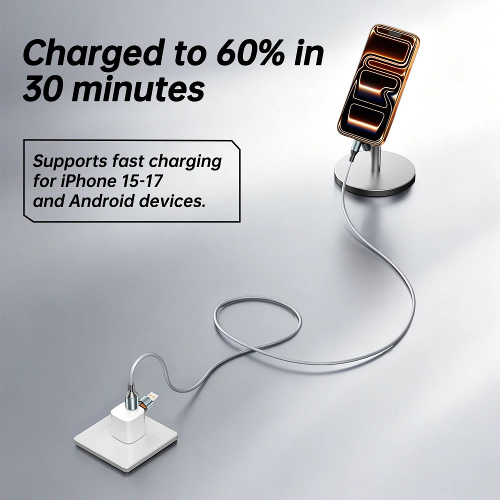 Awei 65W Super Fast Charging 4 In 1 Data Cable For iPhone 17 Pro Dual Type-C+Lightning+USB Ports Phone Charging Cable For Xiaom