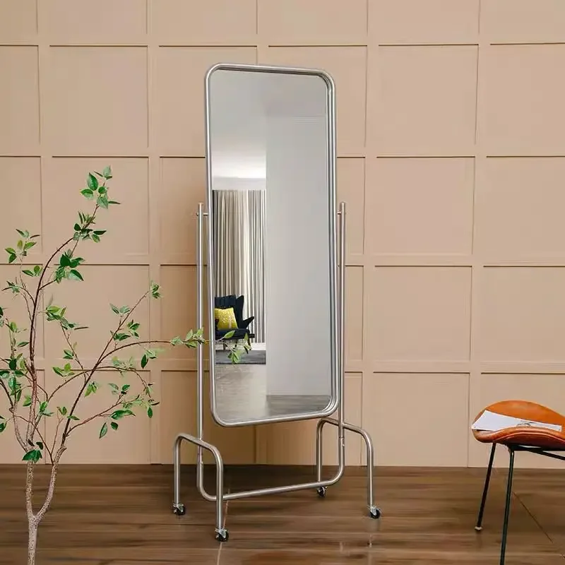 Best-selling full-length mirror with wheels Mobile standing stainless steel frame Adjustable floor mirror Clothing store Home
