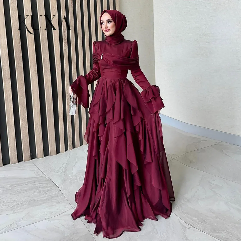 KUXA Maßgeschneiderte A-Linien Bodenlange Formelle Abendkleider mit Langen Ärmeln Saudi Kuwait Ballkleider Robes De Soirée für Damen 2026