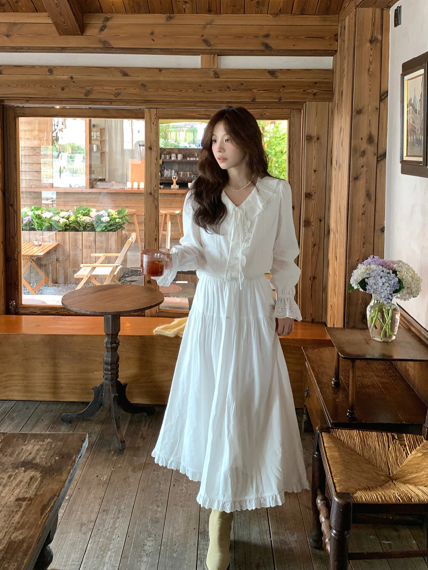 

Even-Wen Moonlight Lover Корейский Sle High nce Sensation Комплект из топа и юбки с нежной кружевной отделкой Long Sve V Nec...