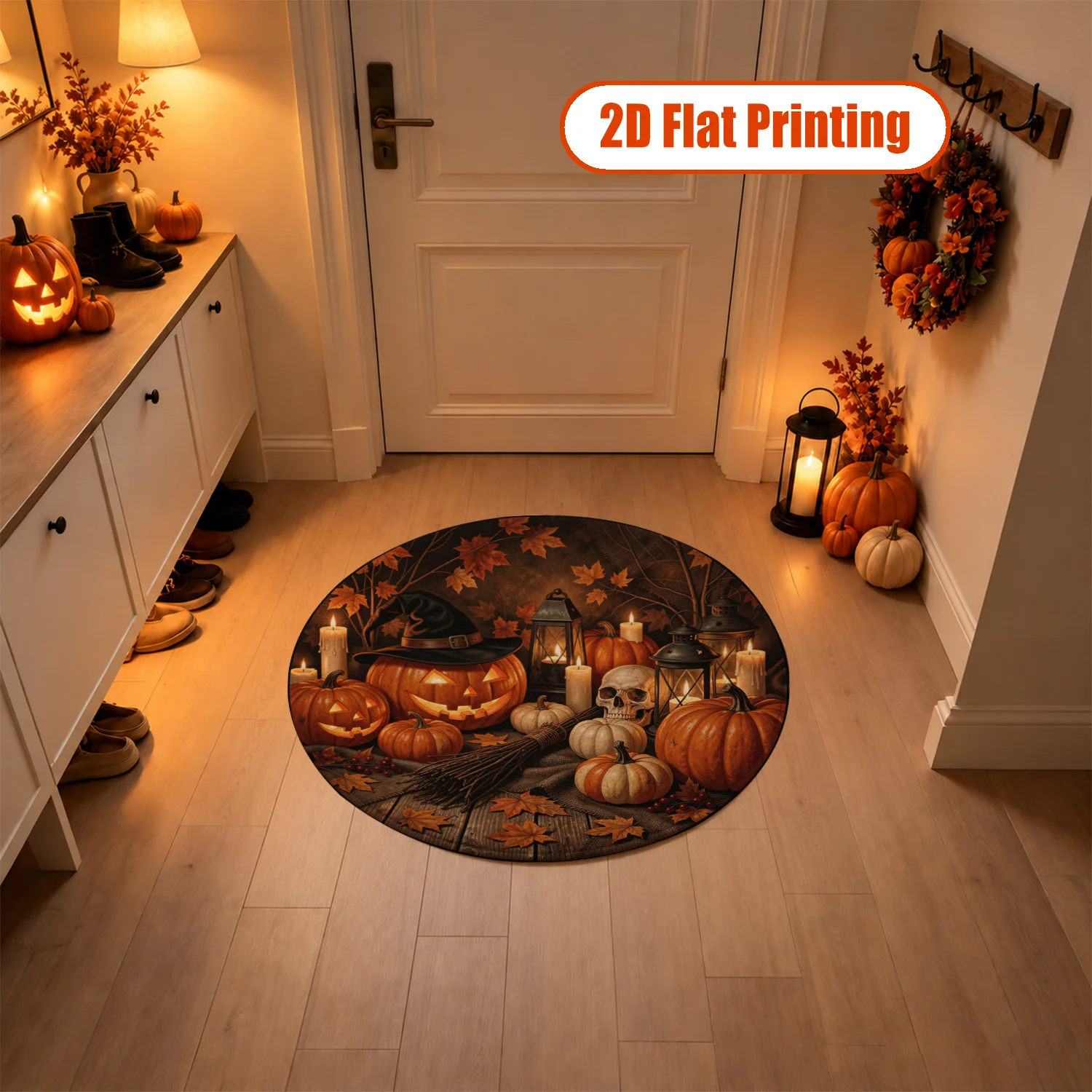 Halloween Pumpkin Witch Pattern Round Velvet Rug, Machine Washable, Stays Firmly In Place, Ideal For Entryway, Living Room, Dining Room, Perfect For Halloween, Thanksgiving, Christmas, New Year Decor, Great For Black Friday Cyber Monday Events