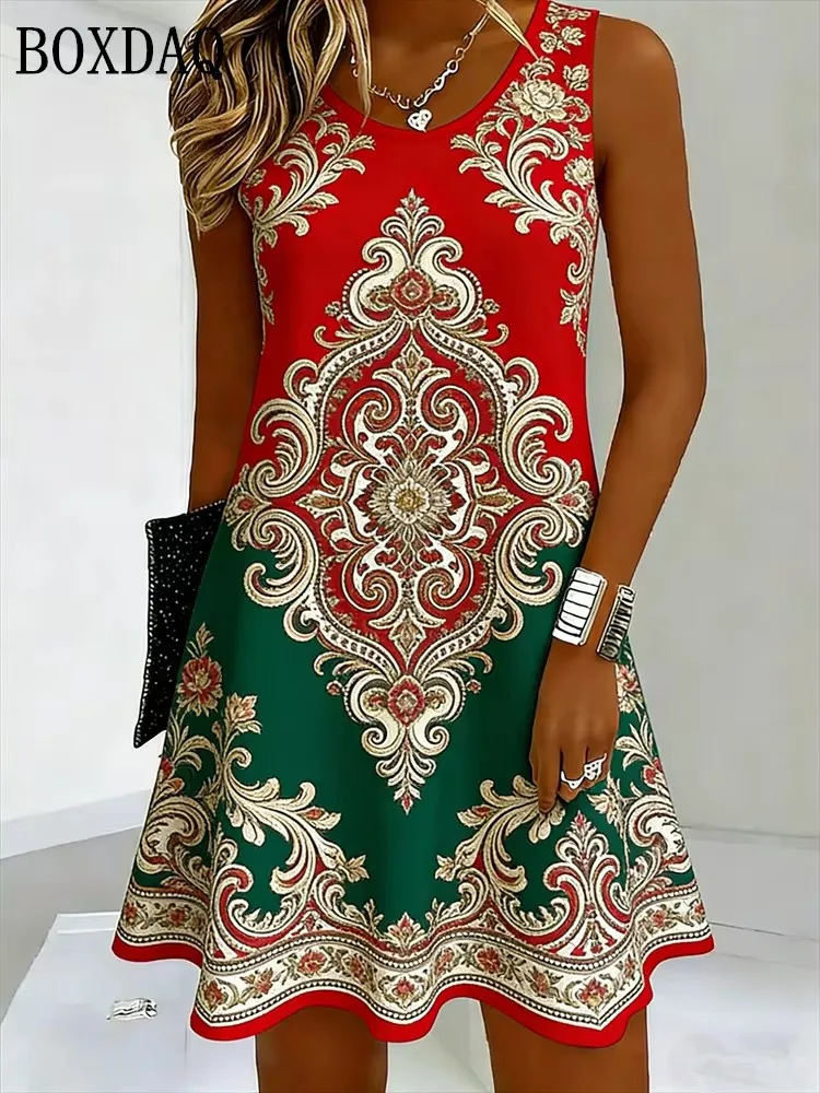 Women's Bohemian Sleeveless Dress A Line Loose Female Clothing Plus Size Casual Retro Ethnic Print Dresses Summer Women 2026 New
