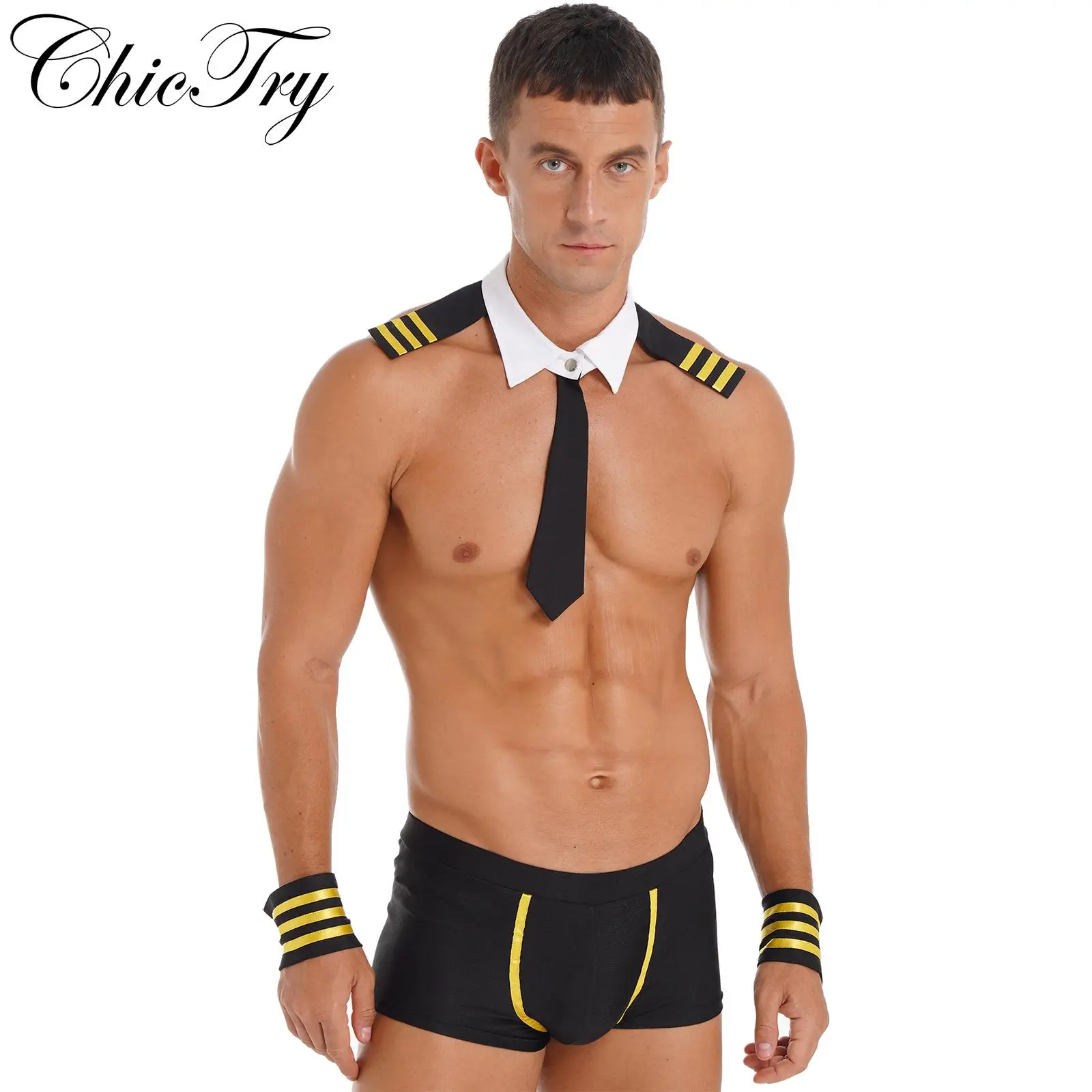 

Mens Captain Sexy Costume Halloween Cosplay Party Roleplay Sets for Dress Up Nightwear Boxer Shorts with Collar Striped Cuffs