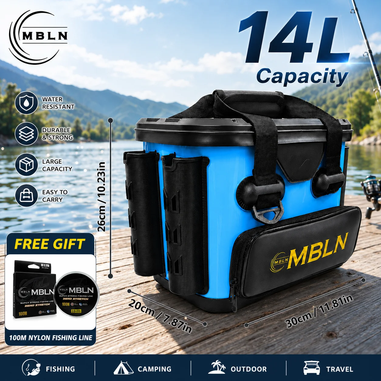 MBLN 14L Mini EVA Angelkoffer, Tragbare Hartschalen-Angeltasche mit Rutenhaltern, 70KG Tragfähigkeit, Angelschnur – Detail 8