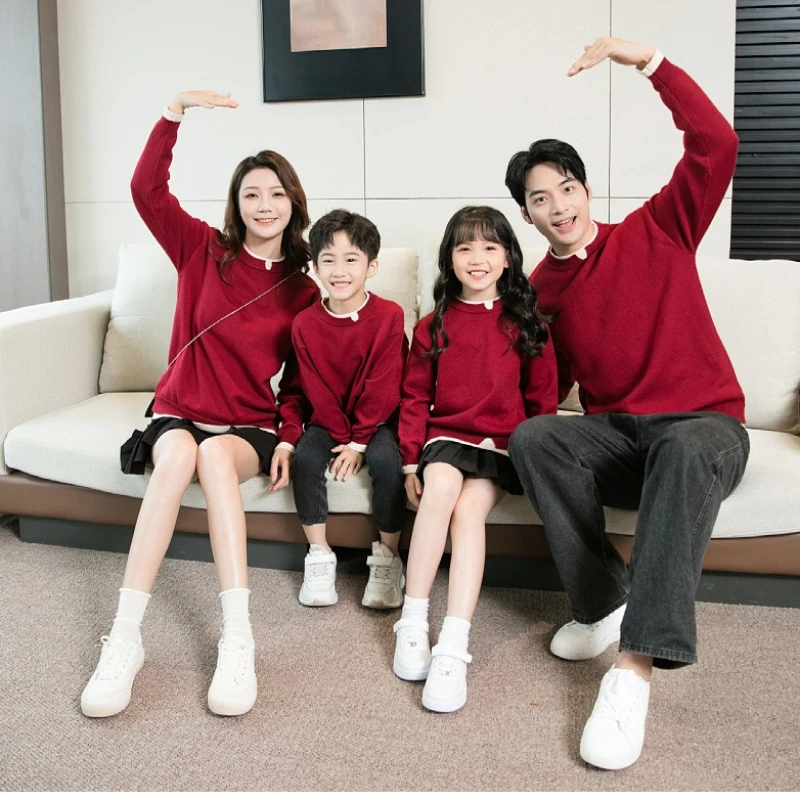 Winter Family Matching Sweater Parents Kids Outfit Father Mother Son Daughter Family Wear Double Layer Collar Knit Pullover