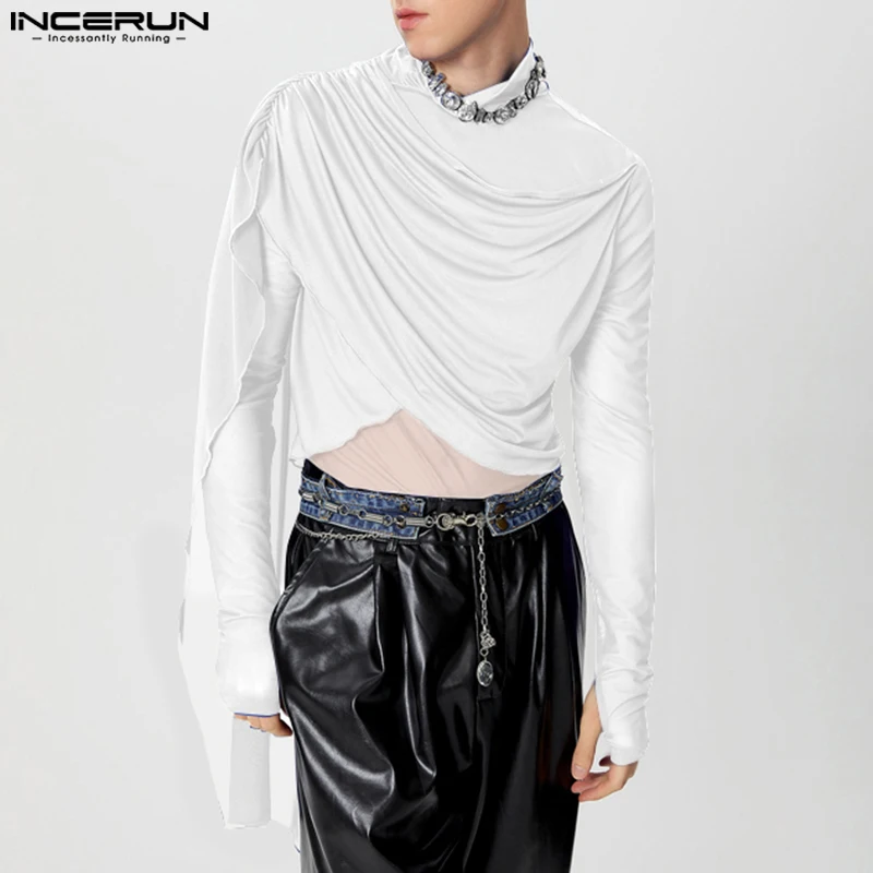 INCERUN Men T-shirts Fashion Long Sleeve Summer Autumn Mesh Transparent Tops Tee Men Clothing Irregular Streetwear Oversized