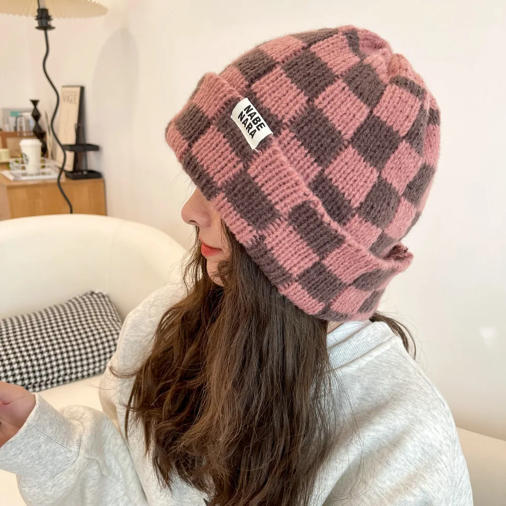 Fashion Plaid Knitted Beanies for Women Winter Pullover Hat Red Green Color Checkerboard Skull Hat Street Casual Beanie Gorras