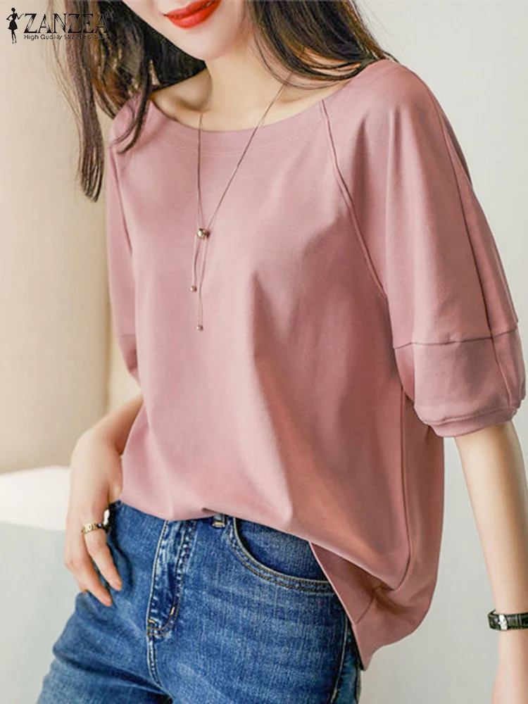 ZANZEA Women Casual Half Sleeve Blouse 2024 Summer Loose Boat Neck Tops Korean Harajuku Solid Blusas Fashion Holiday Plain Tunic