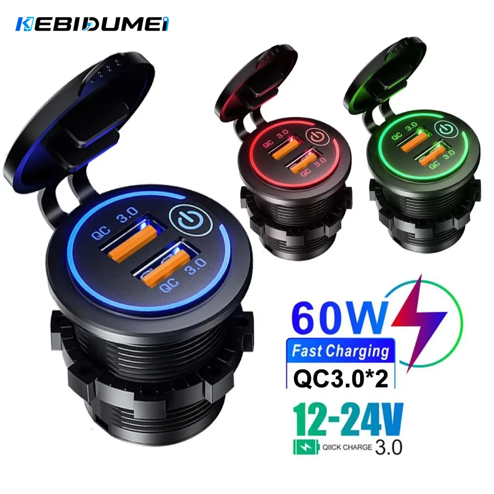 KEBIDUMEI Quick Charge 3.0 Dual USB Fast Car Charger Waterproof 12V/24V  QC3.0 Power Outlet with Touch Switch&Led Light