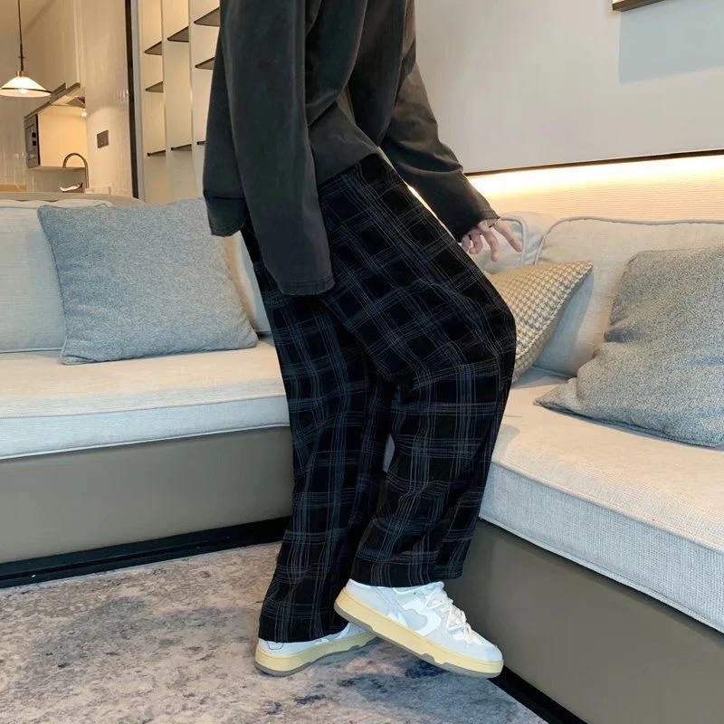 Men Checkered Casual Pants Loose Straight Corduroy Pants Sweatpants Man Fashion Streetwear 2023 Spring New Hip Hop Trousers