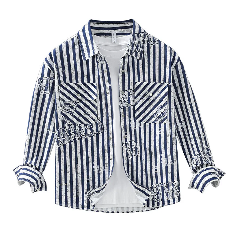 2025 Fresh Striped Cotton Long Sleeve Shirt Men's Spring Trend Printing Youth Square Neck Loose Trend