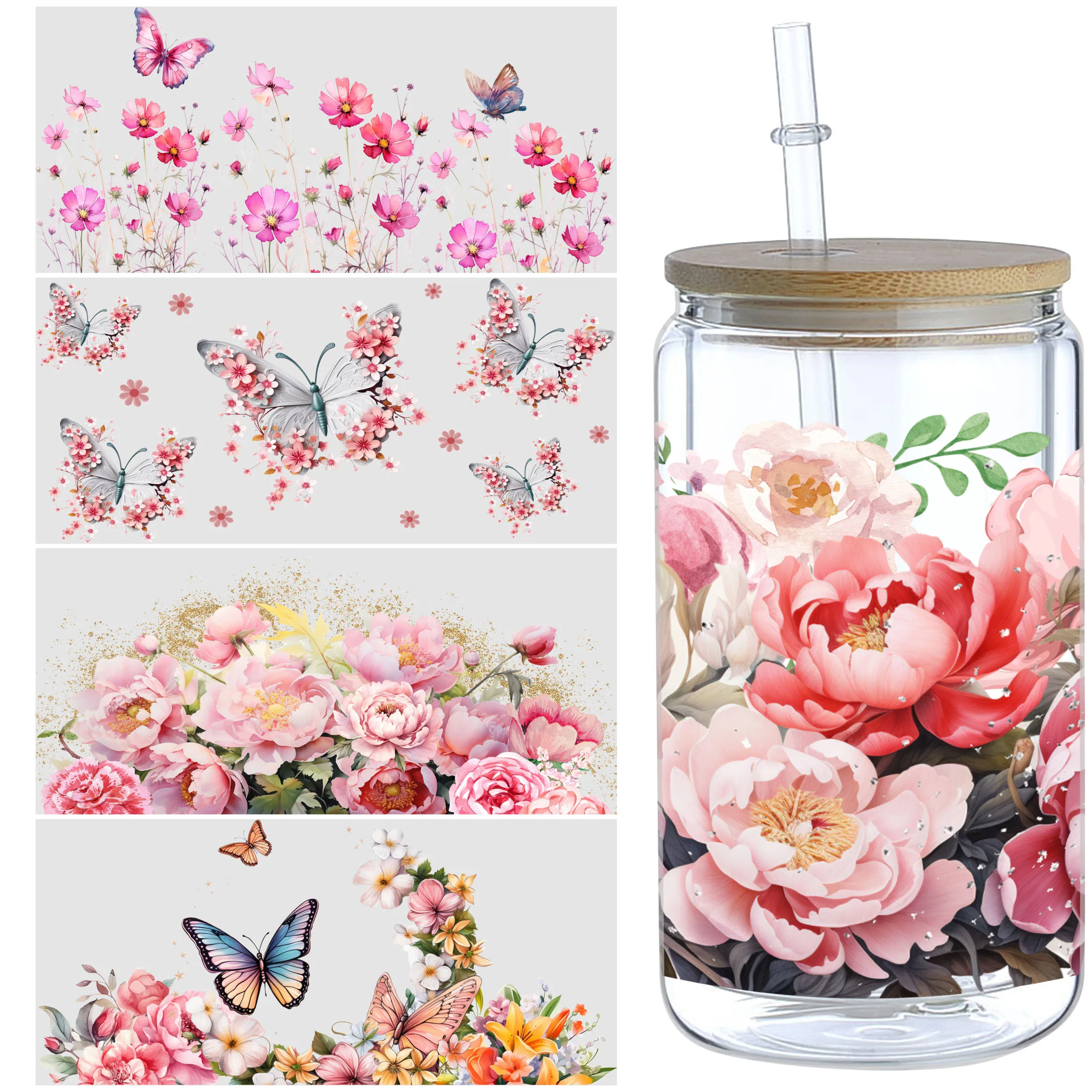 

5 Sheets Butterfly and Flowers UV DTF Cup Stickers, Glass Movement DTF Transfer Stickers, Waterproof Wipe Transfer Paper