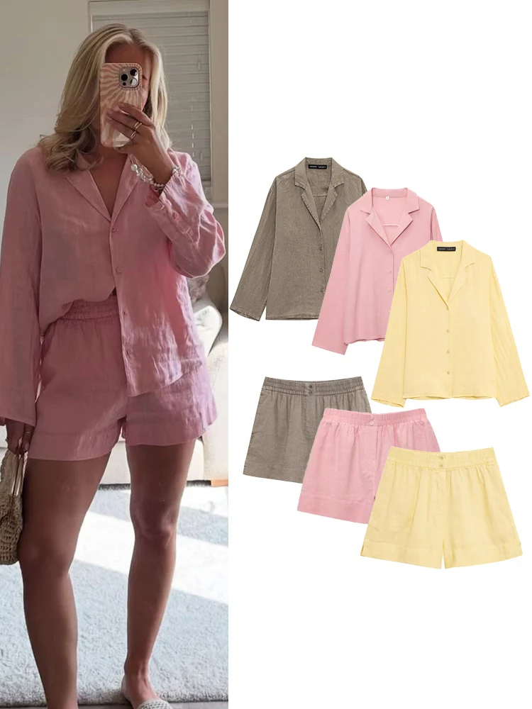 

TFMLN 2 Piece Summer Women's Shorts Sets 2025 Casual Loose Long Sleeve Shirt Straight Shorts Lady Comfortable Outfits