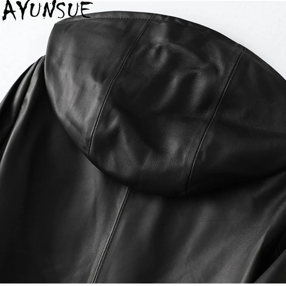 Women AYUNSUE 100% Real Sheepskin Coat Hooded jacket spring 2024 fashion Genuine Leather Jackets Chaqueta Mujer Top Quality