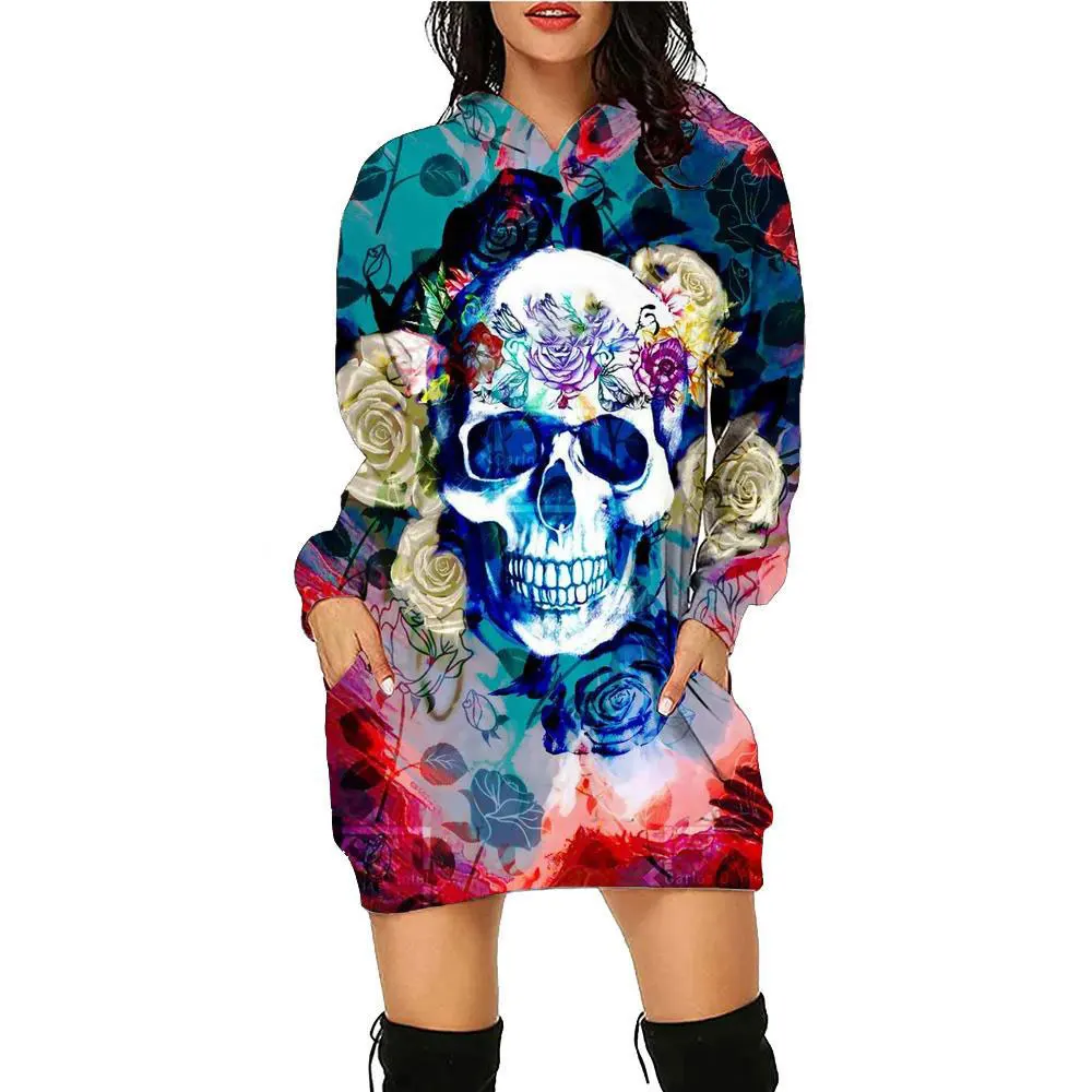 

New Autumn/Winter Retro Skull Face Printed Women's Hoodie Sweatshirt Dress Bohemian Daily Exercise Hoodie Long sleeved Pullover