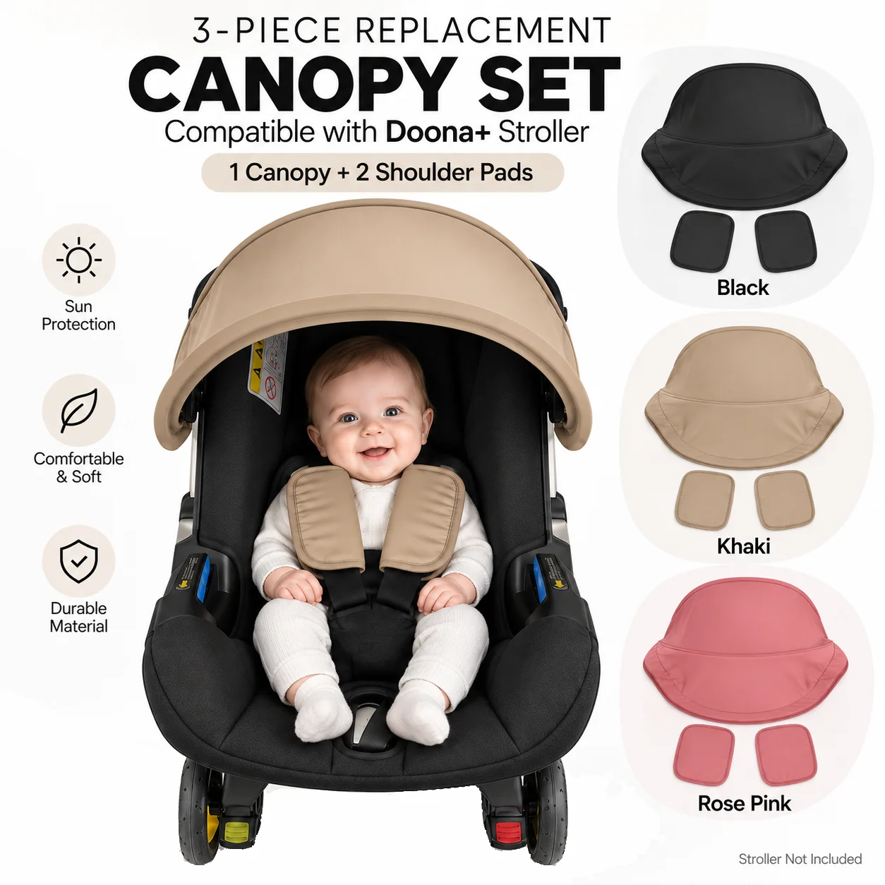 3-Piece Replacement Canopy & Shoulder Pads Compatible With Doona+ Car Seats And Strollers - Soft Fabric Thickened Design