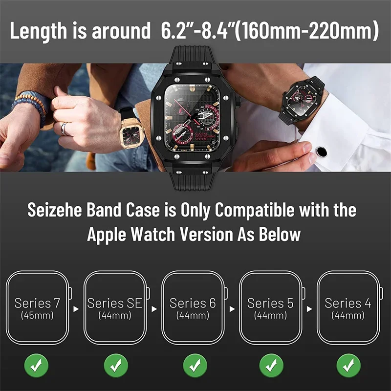 Case & Band for Apple Watch Series 9 8 7 6 5 4 44mm 45mm Rugged Case Silicone Sport Band for iWatch SE Luxury Modification Kit