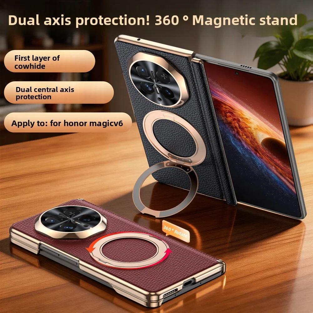 

For Huawei Honor Magic V6 Case Luxury Leather Skin With Ring Stand magnetic hinge Protective Back Cover Case For Magic V6 Shell