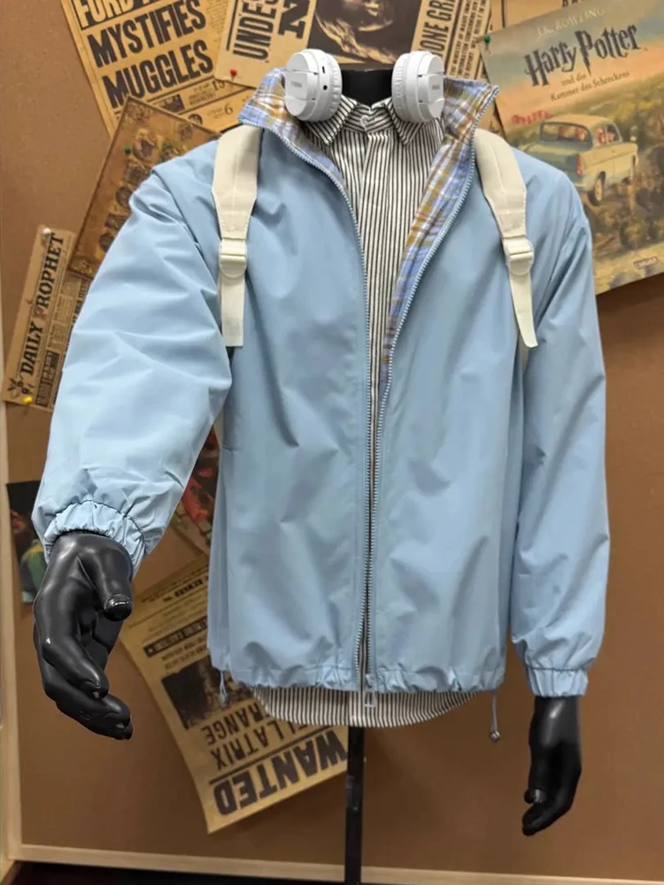 

Осенняя клетчатая рабочая одежда для интерьера, джет, мужская жесткая повседневная верхняя одежда с воротником-стойкой и воротником-стойкой для пар