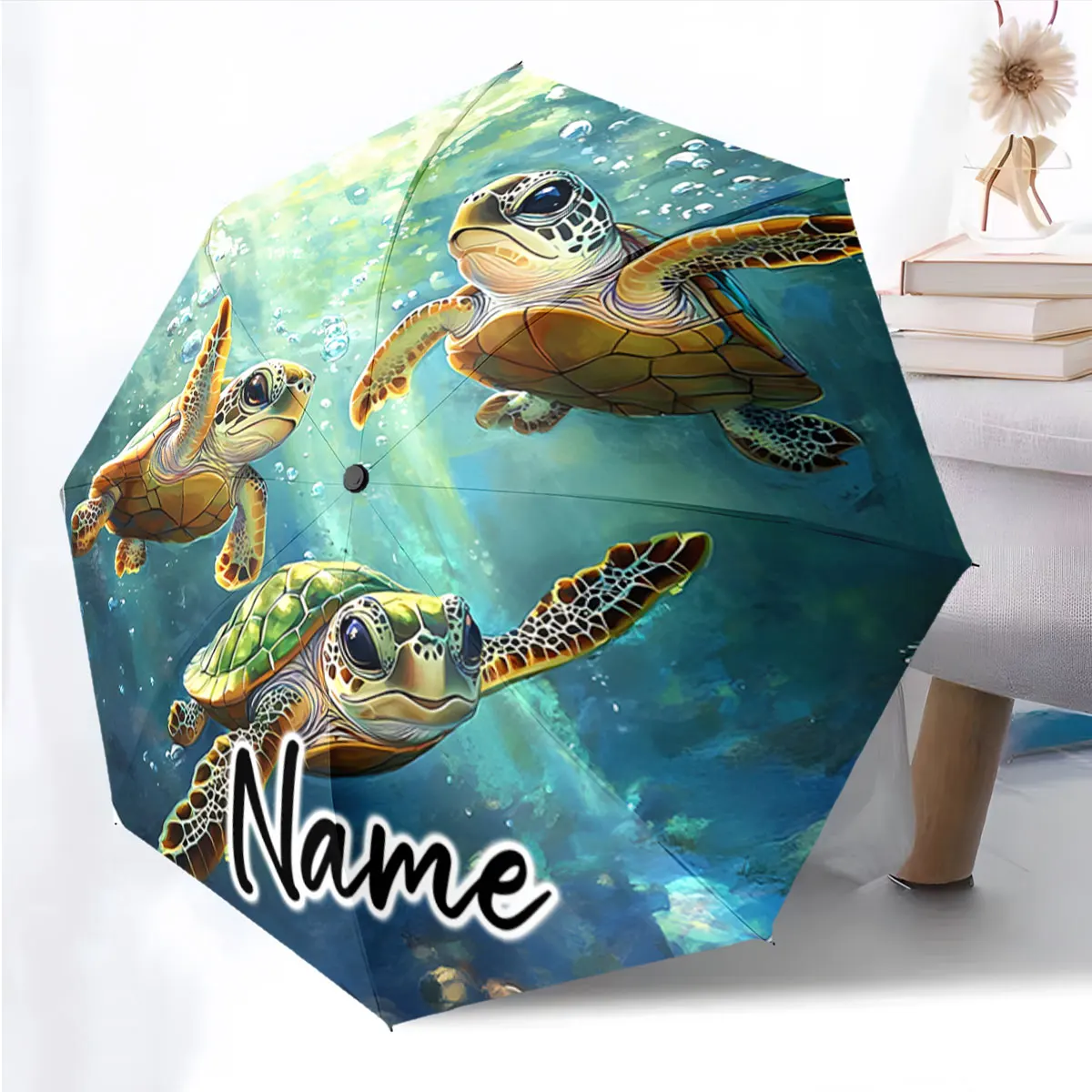 Custom Name Umbrella Sea Turtle Adventure on Colorful Umbrella Print 8 Iron Ribs Folding Umbrella Auto-Open Fashion Sunshade