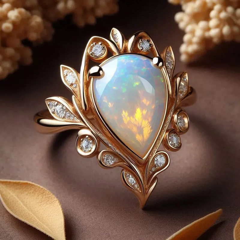 Design Sense: Horse Eye, Leaf Elegant Ring, Women's Australian Treasure, Water Droplet, Micro Inlaid Zircon, Wheat Ear Accessory
