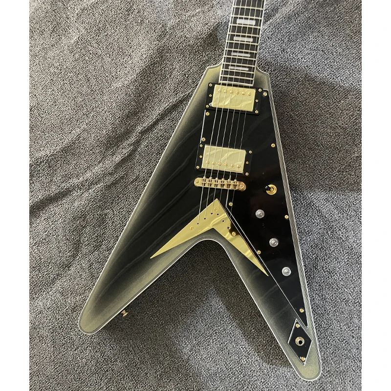 Stocking!!! V shape electric guitar solid silver burst high glossy gold parts black pickguard block inlay