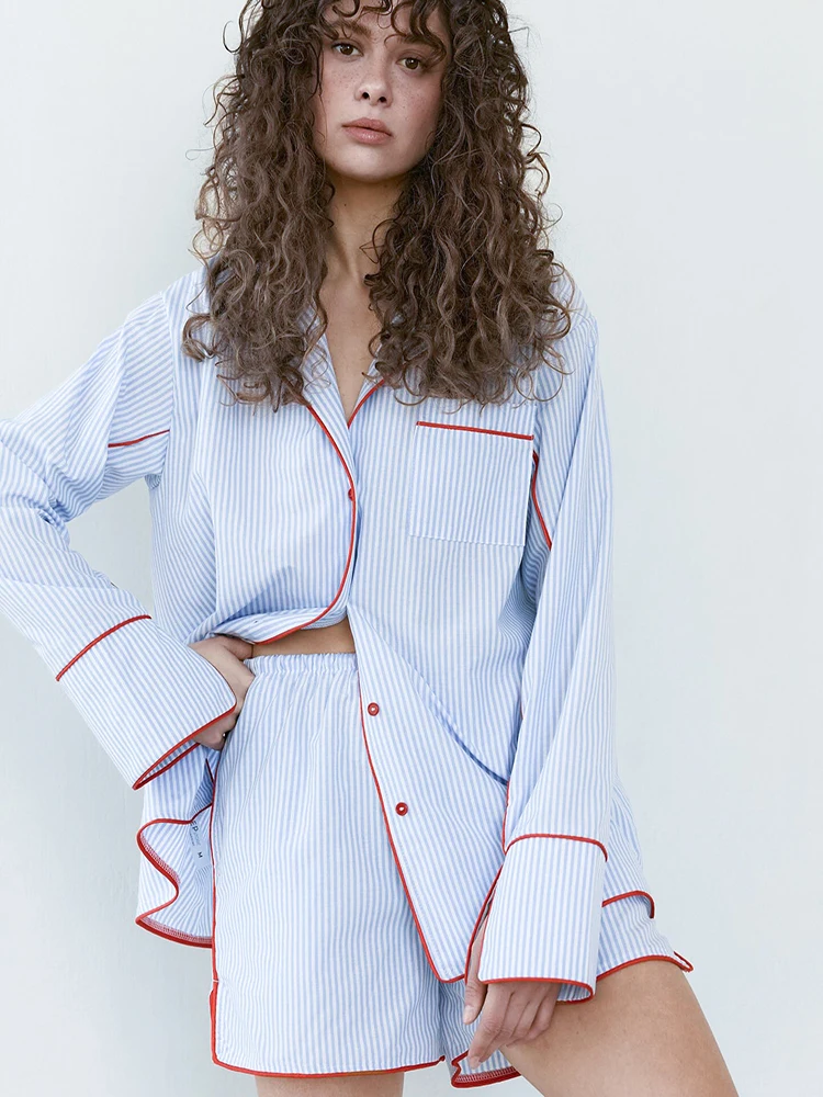 

HiLoc Retro Contrast Piping Loungewear Set Women's Oversized Striped Shirt & Shorts 2 Piece Summer Home Outwear Classic Pajama