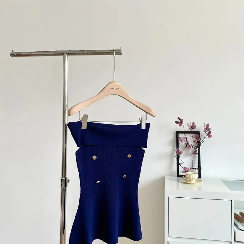 Women's Navy Blue Strapless Knit Dress Slim Fit Mini Dress with Metal Button Decor
