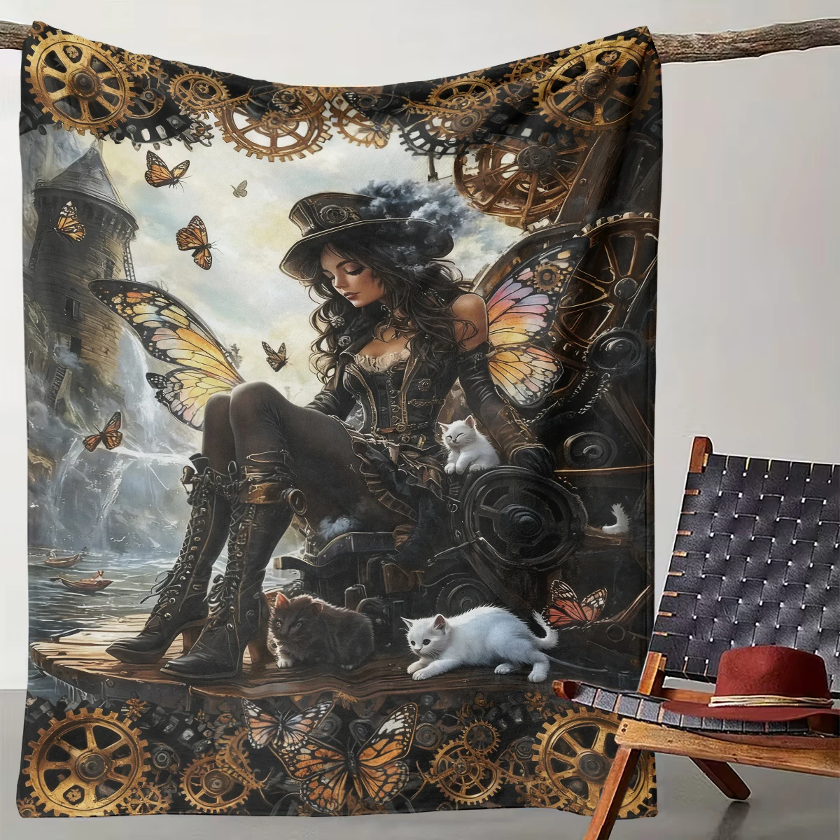 

1 Piece of Steampunk Mechanical Fairy and Cat Blanket, Retro Mechanical Style Fantasy Home Decoration Blanket