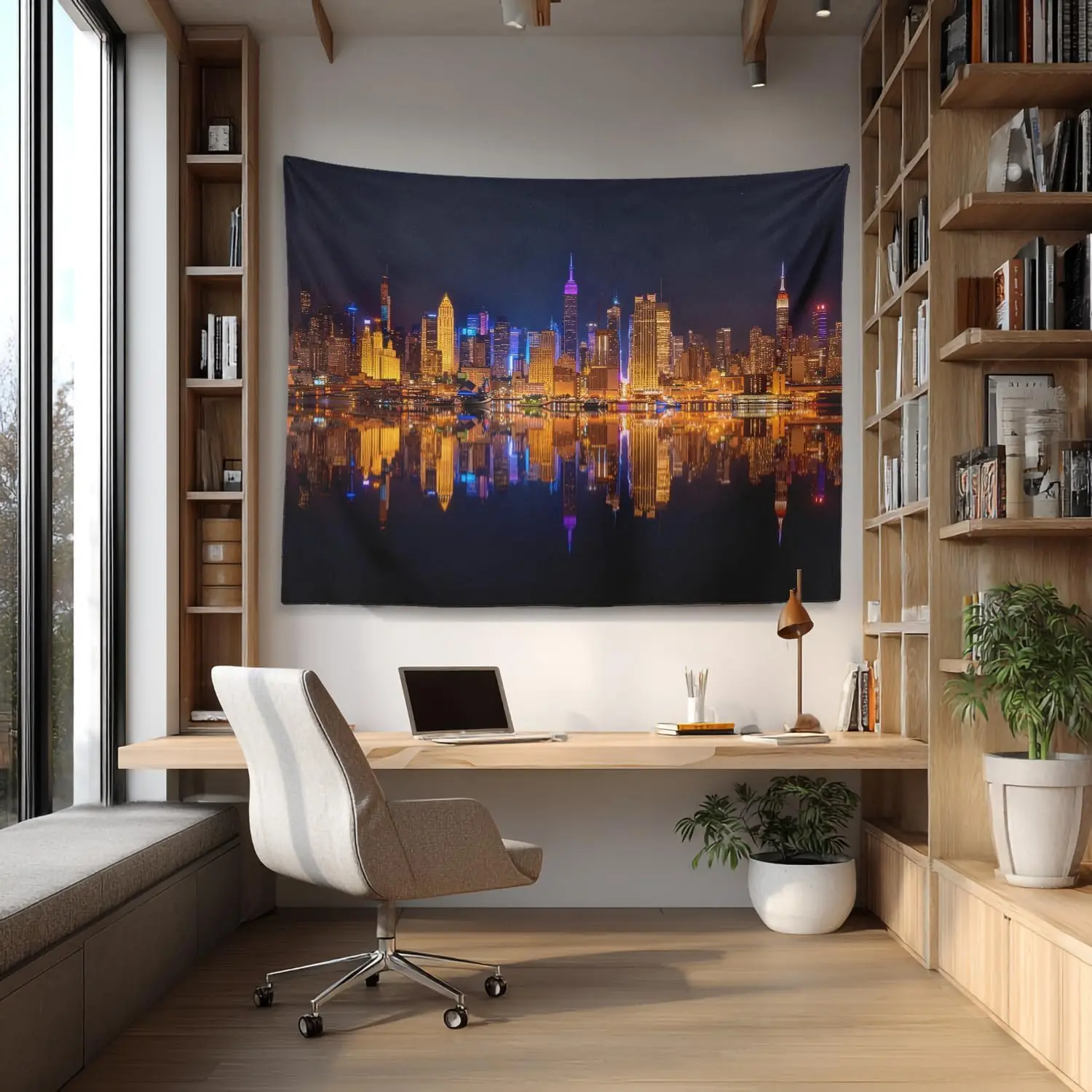 New York City Night Skyline Tapestry,NYC Skyscrapers with Water Reflection Print Wall Hanging for Bedroom Living Room Home Decor